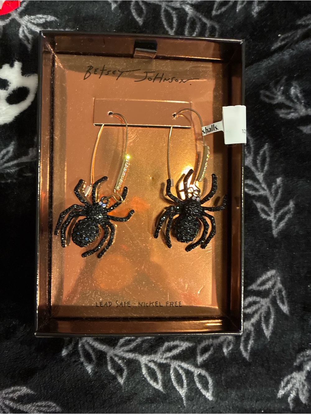 Betsey Johnson Black Glitter Spider Hoop Earrings